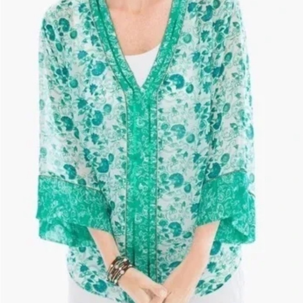 Chico's Green Congo Floral Print Beaded  Semi Sheer Tunic Blouse Sz LG